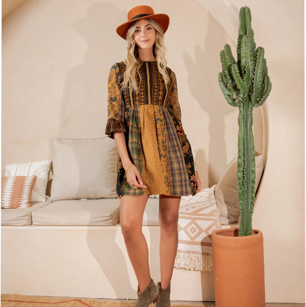 Rustic Patchwork Bohemian Fit Flare Dress